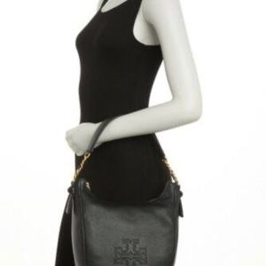 TORY BURCH Harper Black Leather Top Zip Hobo Bag